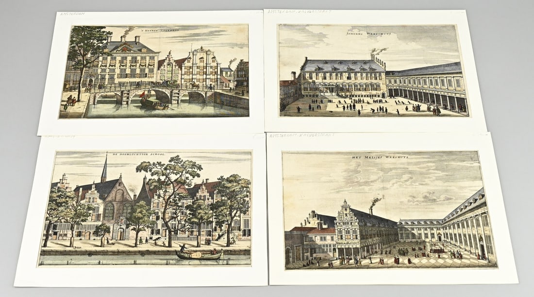 4x Hand-colored engraving: Four antique hand-coloured engravings, Amsterdam. 17th century. Published by Joachim Noschen, 1660 - 1665. 1x Gentlemen's lodgings. 1x Girls' orphanage. 1x Boys' orphanage. 1x Illustrious school.