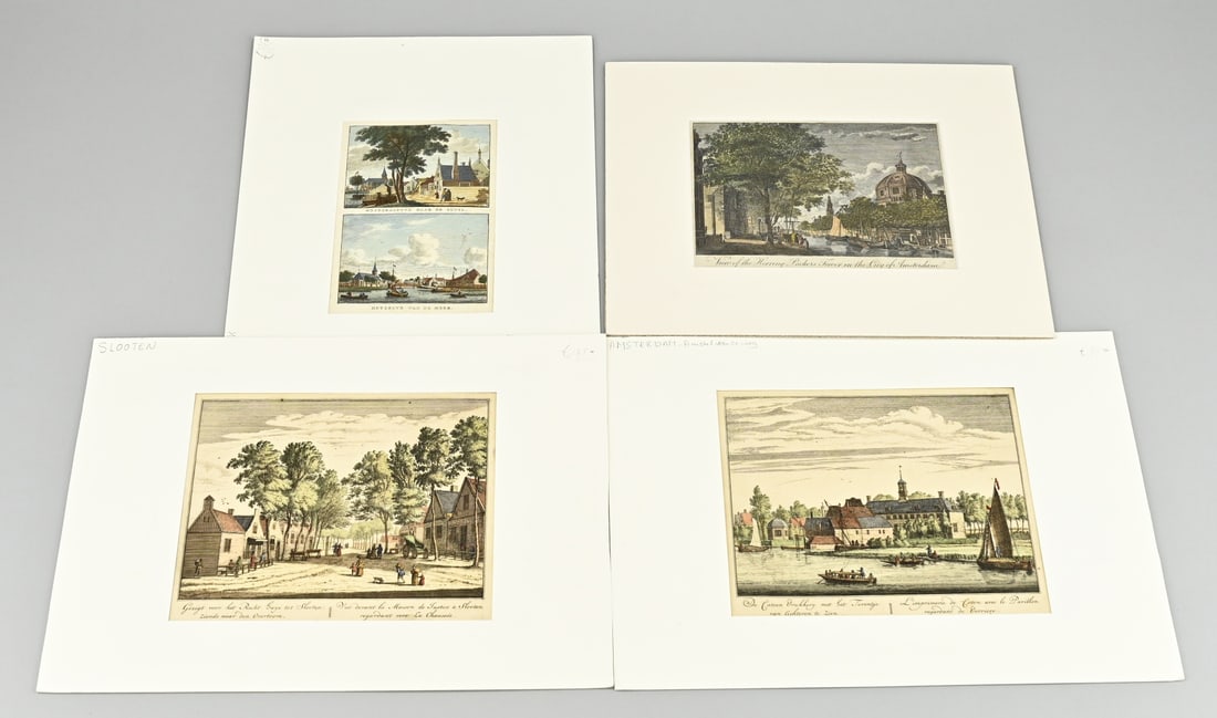 4x Hand-colored engraving: Four antique hand-coloured engravings. Amsterdam, Rademaker, 18th century. 1x Haringpakkersgracht. 1x Catoen printing office + tower. 1x Westgrafsdijk. 1x Rechthuys tot Slooten. Engravings on paper.