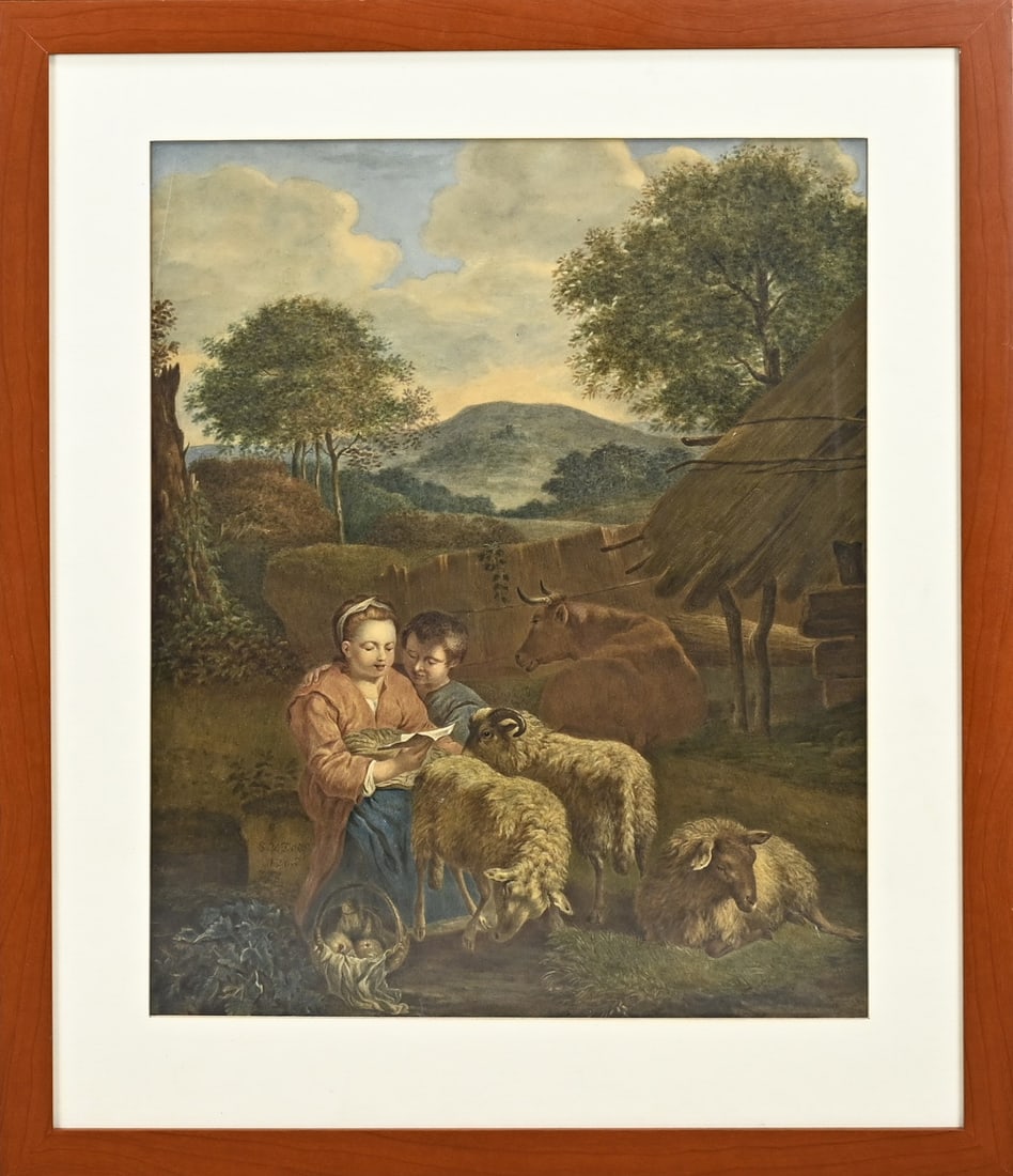 SVDors, Woman reading letter to cattle: SV Dors. 1705. Woman reading letter by cattle. Watercolour on paper. Dimensions: H 47 x W 40 cm. In good condition.