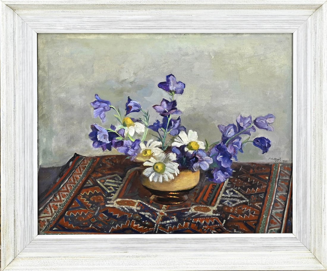 PA Nijgh, Vase with flowers on Persian rug: PA Nijgh. 1876 - 1959. Vase with flowers on Persian rug. Oil on linen. Dimensions: H 40 x W 50 cm. In good condition.