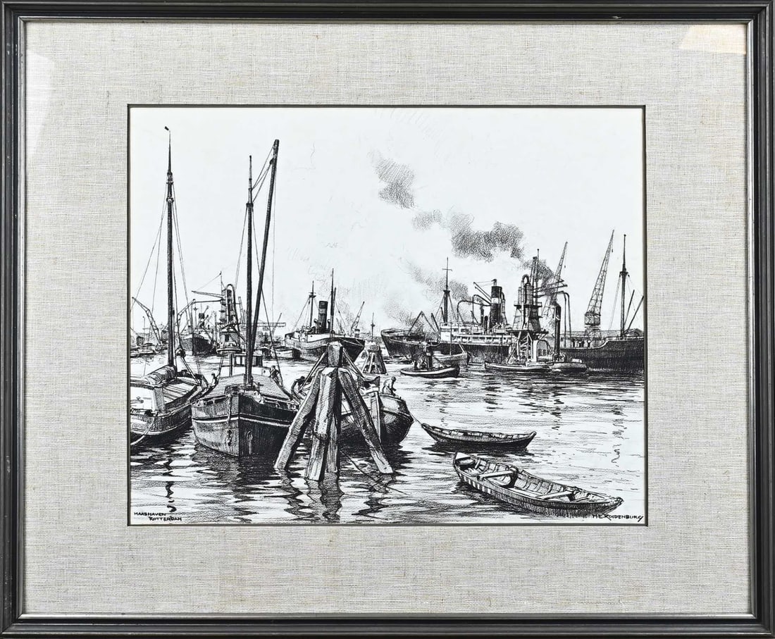 HE Roodenburg, Maashaven Rotterdam: HE Roodenburg. 1895 - 1987. Maashaven Rotterdam. Charcoal on paper. Dimensions: H 42 x W 50 cm. In good condition.