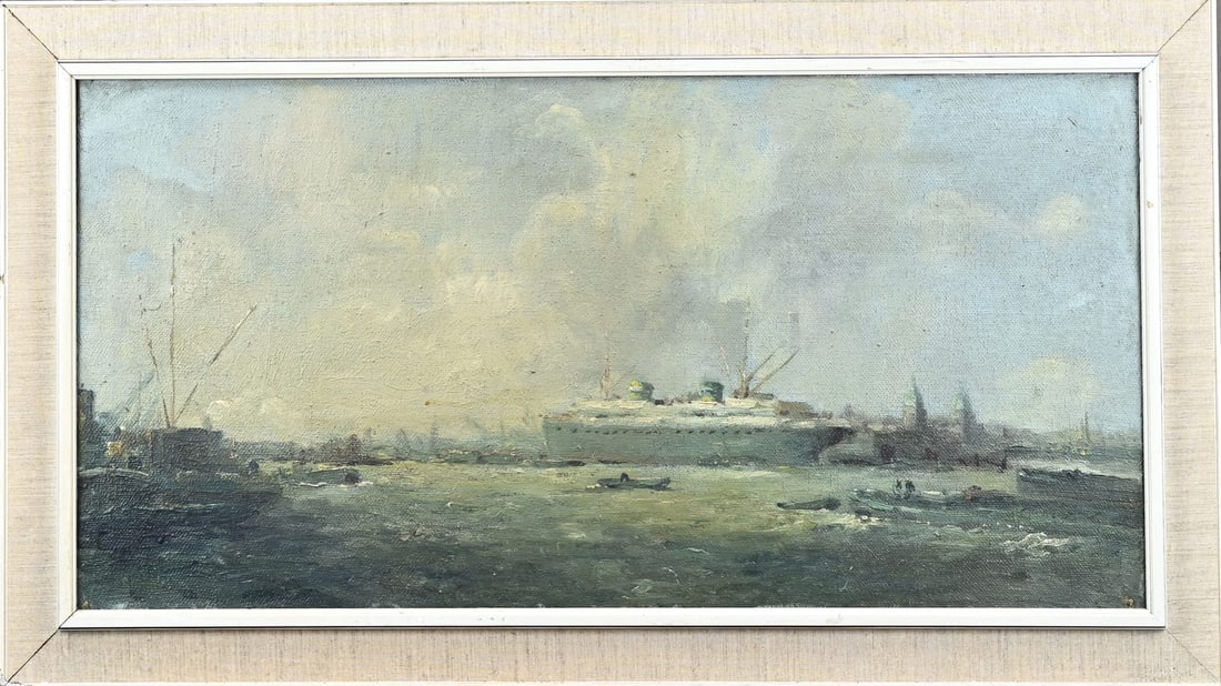 Unsigned, Rotterdam harbour: Unsigned. Circa 1940. Rotterdam harbour. Verso 1940. Oil on linen. Dimensions: H 40 x W 80 cm. In good condition.