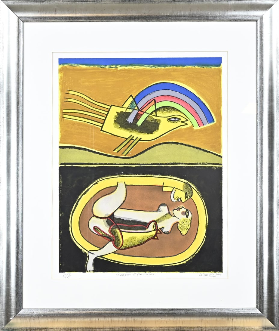 Guilliaume Corneille, Loisean a L'arc enciel: Guilliaume Corneille, 2001. 1922 - 2010. Epreuve de artiste. Loisean a L'arc enciel. Lithograph on paper. Dimensions: H 71 x W 53 cm. In good condition.