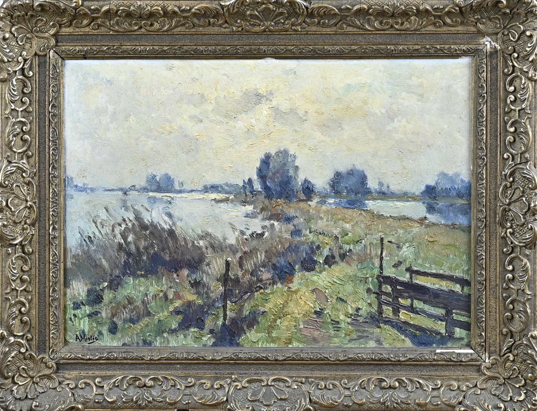 A. Mioleé, River view: Adrianus Mioleé. 1879 - 1961. River view. Oil on painter's cardboard. Dimensions: H 26 x W 35 cm. In good condition.