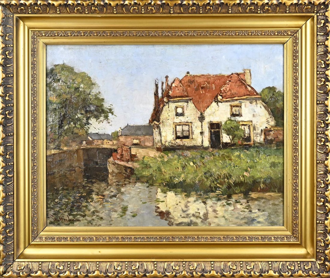 Louis Stutterheim, House by the canal: Louis Stutterheim. House by the canal. Oudewater Kromme Haven. Oil on canvas. Dimensions: H 50 x W 60 cm. In good condition.