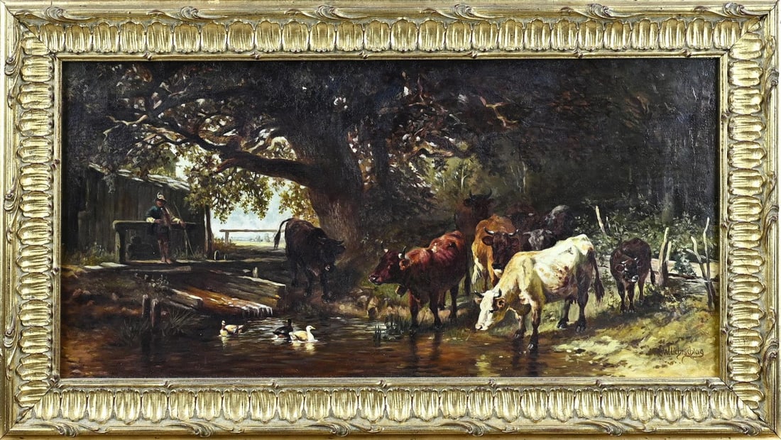 Willy Lichtschlag, Landscape: Willy Lichtschlag. 1879 - 1981. German School. Landscape with farmer, ducks and cattle at watering place. Oil on panel. Dimensions: H 27 x W 54 cm. In good condition.