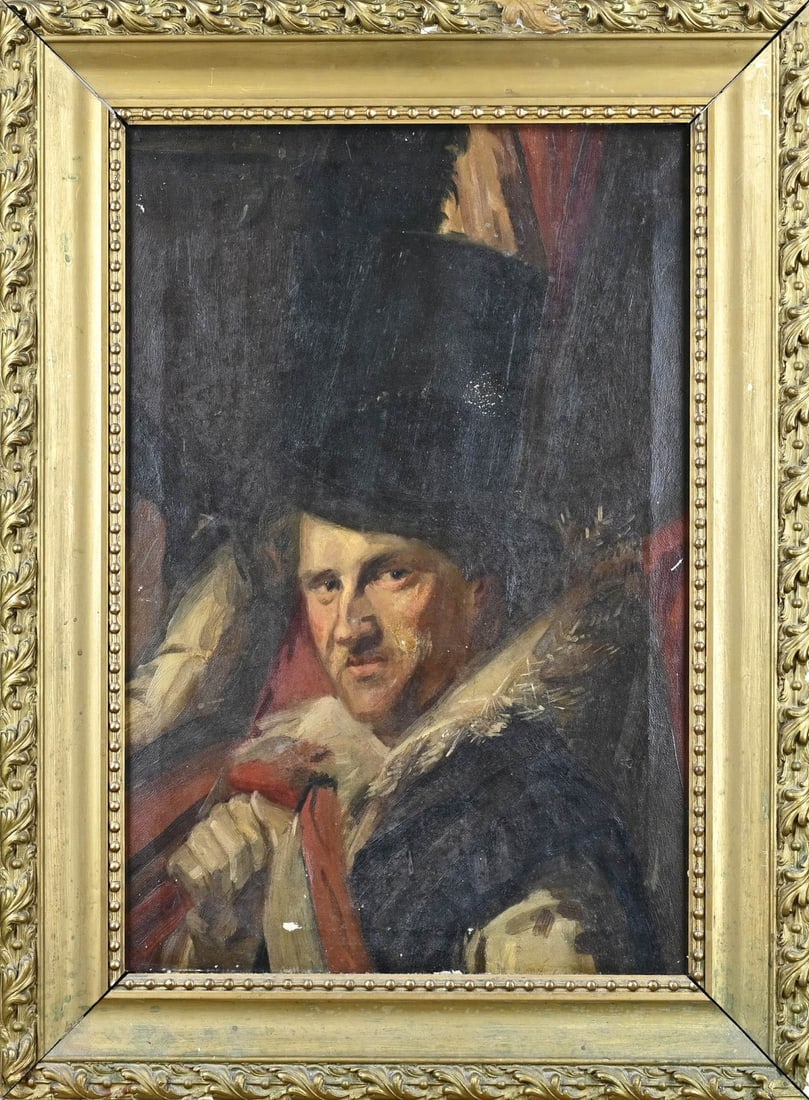 Unsigned, Man with Top Hat: Unsigned. Circa 1910. Man with top hat, with (French?) banner. Oil on linen. Small paint loss spots. Dimensions: H 60 x W 40 cm. In good condition.