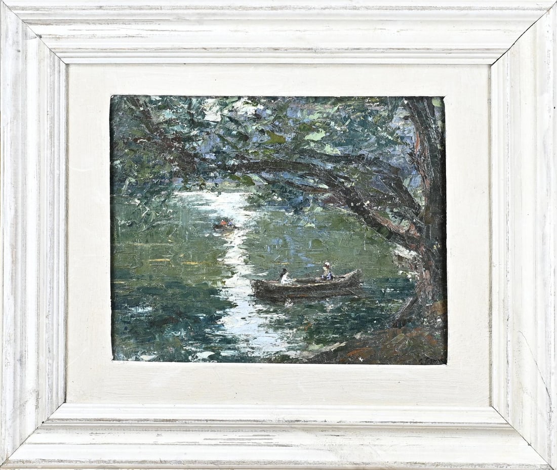L. Frank, Figures in rowing boat: L. Frank. French school? Figures in rowing boat on river. Oil on painter's cardboard. Dimensions: H 36 x W 45 cm. In good condition.