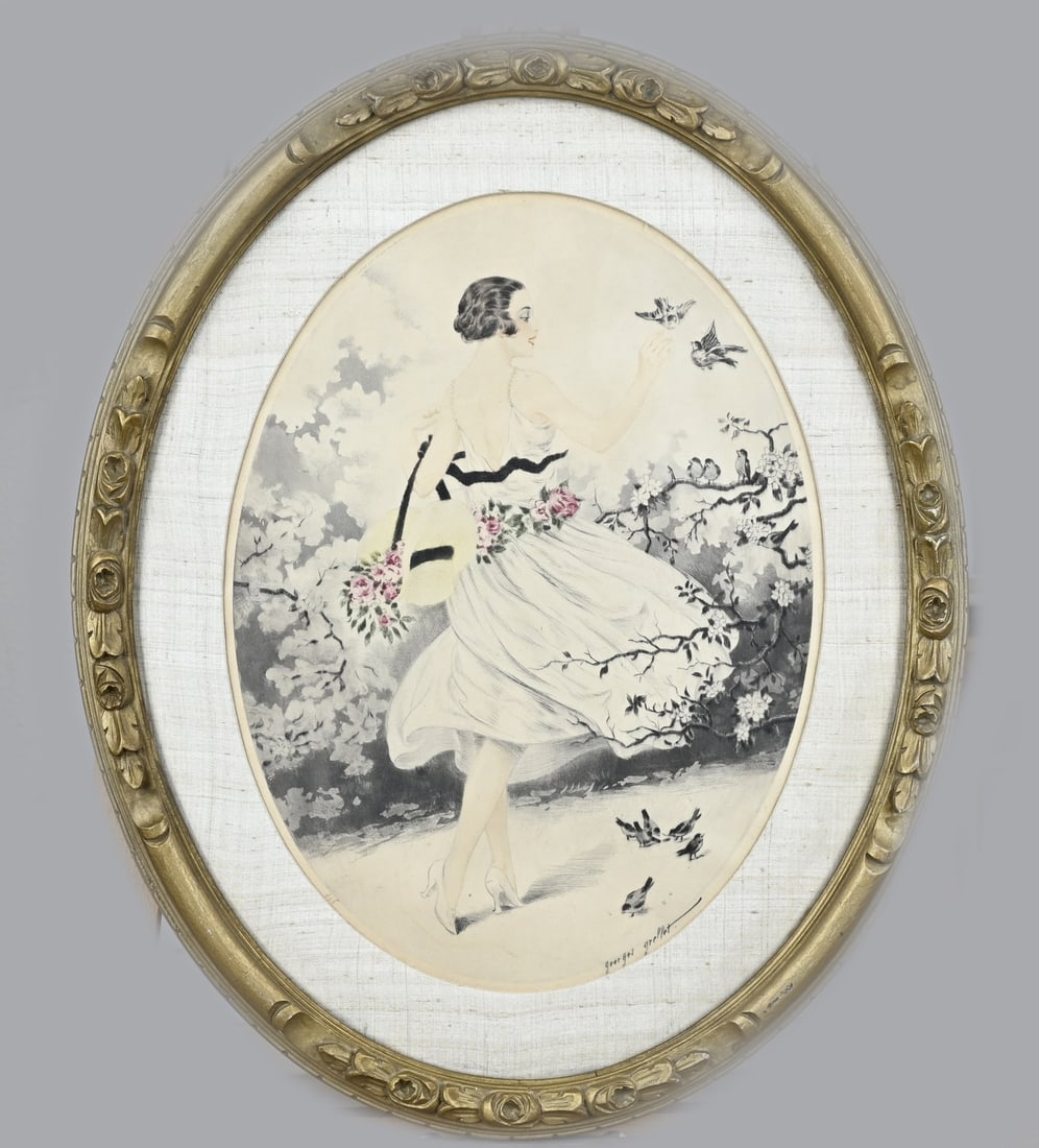 Georges Grellet, Lady with Birds: Georges Grellet. 1869 - 1959. French School. Lady with birds. Etching on paper. Dimensions: H 40 x W 29 cm. In good condition.