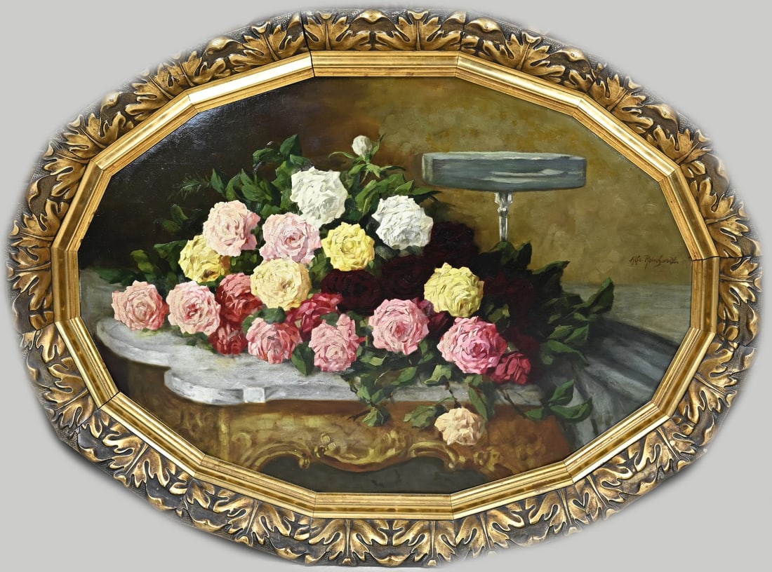 Alf. Reinhardt, Still life (roses on table): Alf. Reinhardt. German School. Circa 1930. Still life, roses on table. Oil on canvas. Dimensions: H 70 x W 100 cm. In good condition.