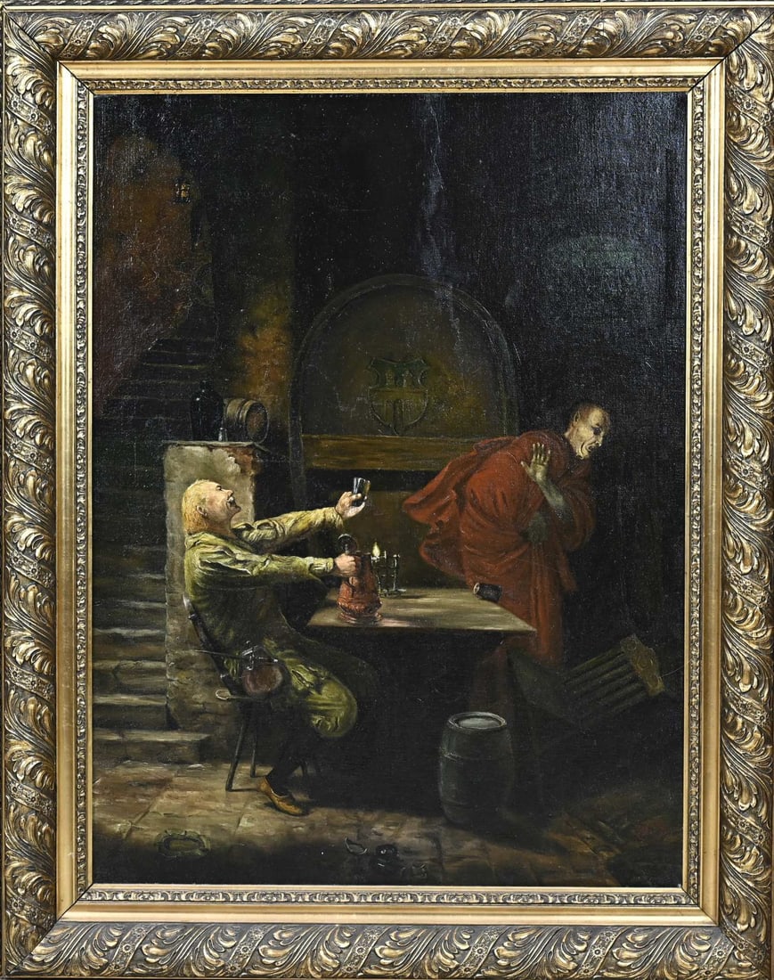 Monogram WS, Figures in wine cellar: Monogram WS German School. Circa 1930. Figures in wine cellar. Oil on canvas. Dimensions: H 88 x W 64 cm. In good condition.
