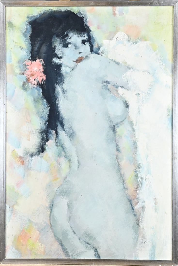 Rest signature, Nude woman with flower in her hair: Rest signature. 20th century. Nude woman with flower in her hair. Oil on linen. Dimensions: H 90 x W 60 cm. In good condition.