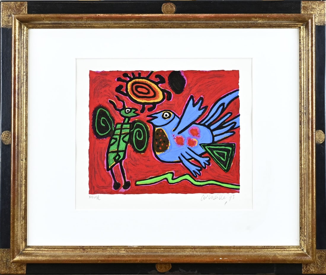 Guilliaume Corneille, Ant with Pigeon: Guilliaume Corneille, 1993. 1922 - 2010. Ant with pigeon. Lithograph on paper. Dimensions: H 27 x W 33 cm. In good condition.