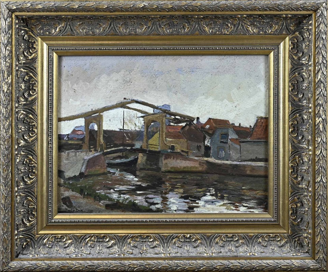 Paul van Dam, Village view with drawbridge: Paul van Dam. Dutch School. Village view with drawbridge. Oil on painter's cardboard. Dimensions: H 27 x W 35 cm. In good condition.
