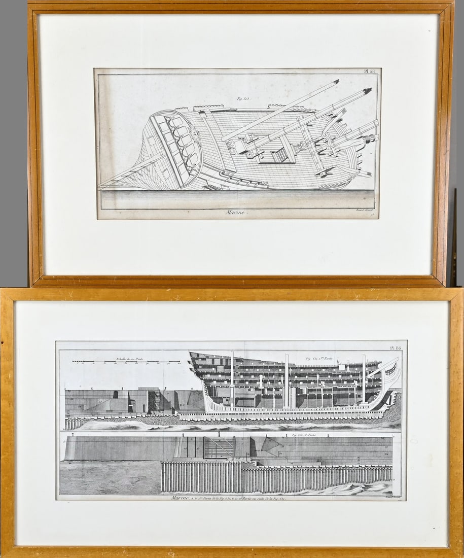 2x Bernard Direxit, Ship presentation/Dry dock with ship: Two 18th century French engravings. Ship scene/Dry dock with ship. By Bernard Direxit. Circa 1788. Engraving on paper. Dimensions: H 26 x W 54 cm. / H 24 x W 43 cm. In reasonable/good condition.