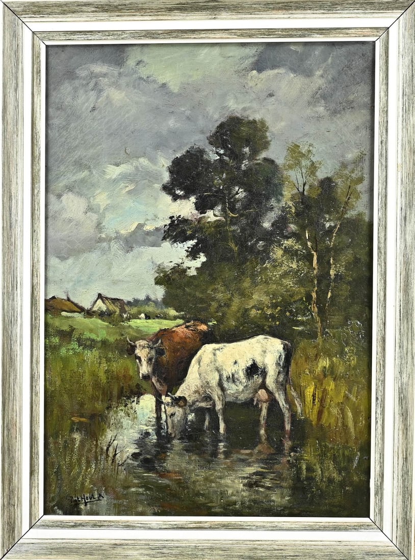 Pieter in 't Hout jr., Cows at a watering place: Pieter in 't Hout jr., 1879 - 1965. Cows at a watering place. Oil on canvas. Dimensions: H 50 x W 35 cm. In good condition.
