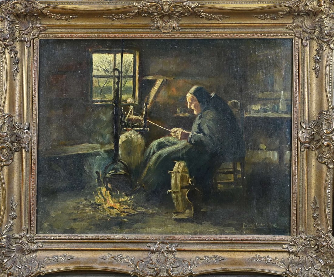 G. Krol, Old woman at spinning wheel: Gerard Krol. 1882 - 1950 Enschede. Old woman behind spinning wheel in Twente farm. Oil on canvas. Dimensions: H 40 x W 50 cm. In good condition.