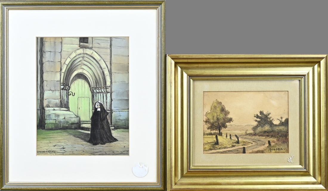 2x G. Krol, Nun in front of church/Twente sand path: Two works Gerard Krol. 1882 - 1950 Enschede. Nun in front of church entrance Enschede, pastel. Twents sandy path, watercolor. Size: 20 - 29 cm. In good condition.