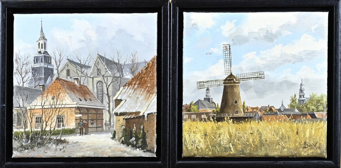 Monogram DV, Romantic cityscape Ootmarsum: Pendant. Monogram DV Second half 20th century. 2x Romantic cityscape Ootmarsum. Oil on linen. Dimensions: H 20 x W 20 cm. In good condition.