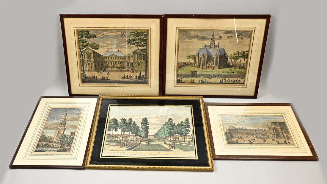 5x Antique engraving: Five antique Dutch engravings. 18th - 19th century. Namely; Binnenhof of The Hague, The old Court, P. Boitet excud., Jan Roden - Poorts tower, Meeting place Brotherhood Community Georg Balthasar