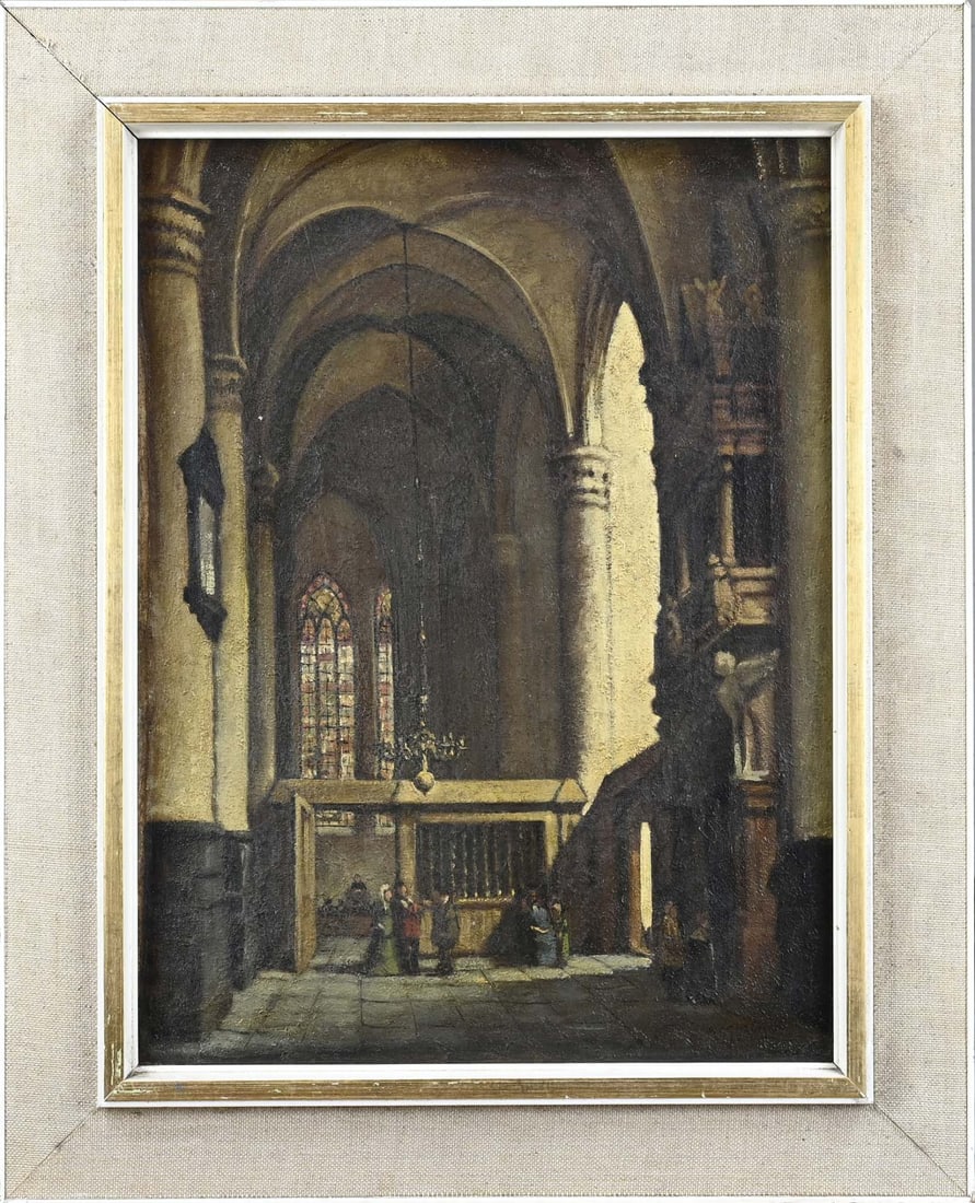 WA Gijzeman, Church interior: WA Gijzeman. 1870 - 1920. Dutch church interior with figures. Oil on canvas. Dimensions: H 50 x W 40 cm. In good condition.