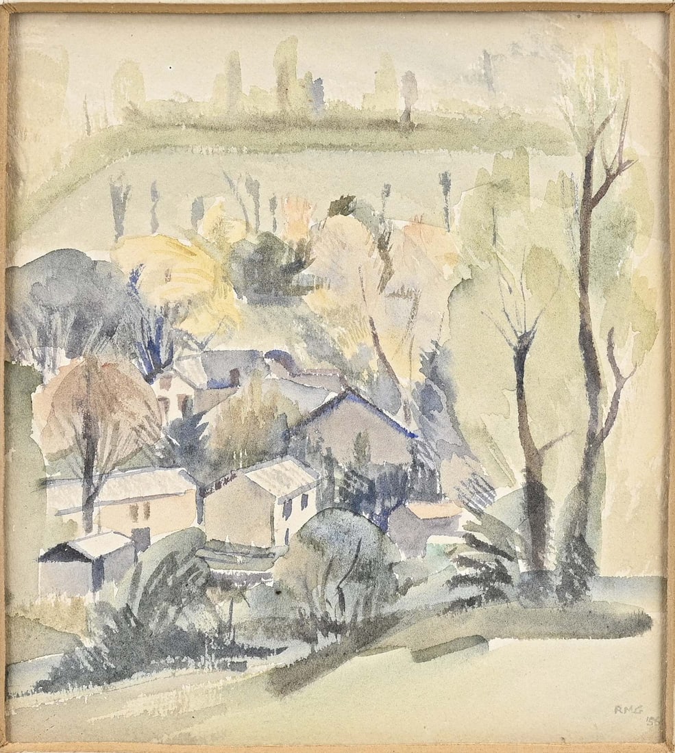 Monogram RMG, Village view: Monogram RMG 1956. Village view. Watercolour on paper. Dimensions: H 18 x W 16 cm. In good condition.