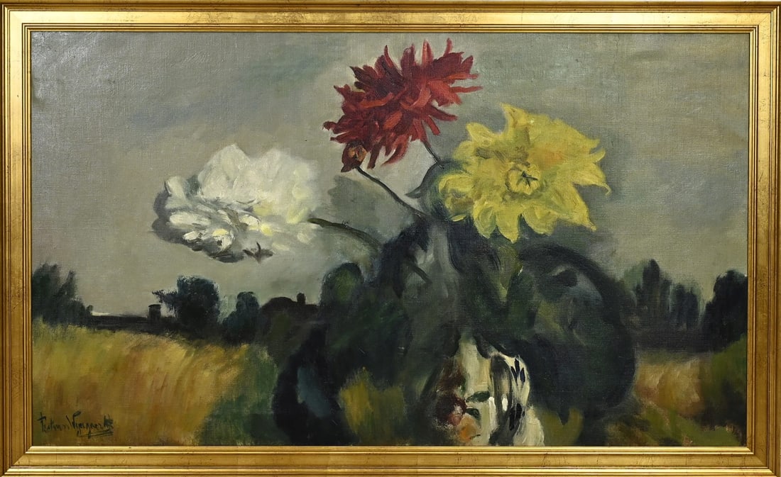 Piet van Wijngaerdt, Flower Still Life: Piet van Wijngaerdt. 1873 - 1964. Bergen School. Flower still life. Oil on canvas. Dimensions: H 70 x W 120 cm. In good condition.