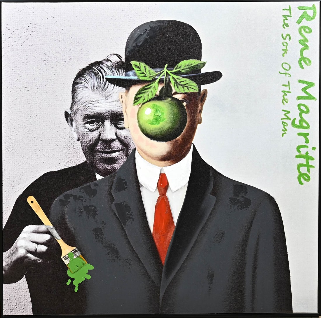 René Magritte, Man with Hat: René Magritte. The son of the man. Man with hat. Partly printed, partly painted + glued-on brush with paint. Mixed media on linen. Dimensions: H 88 x W 88 cm. In good condition.