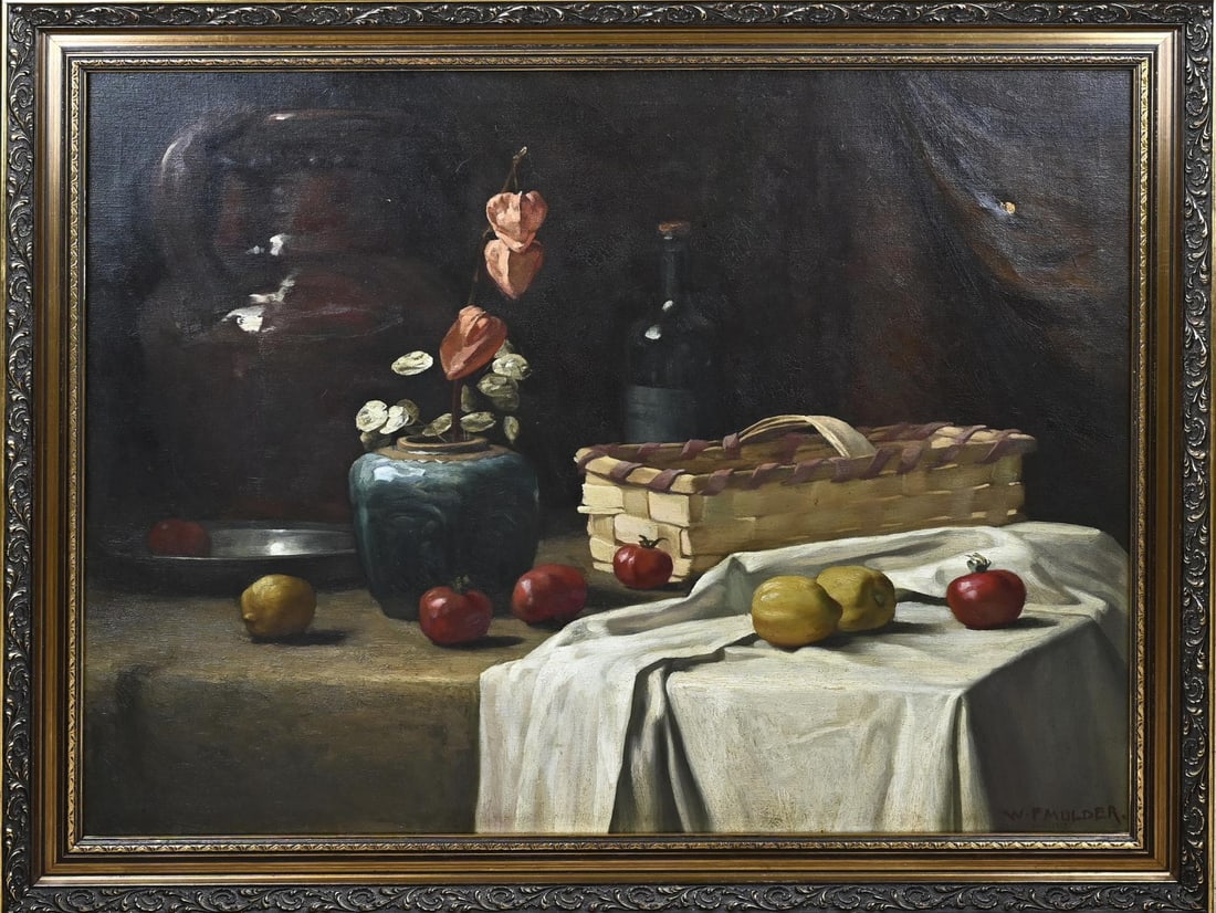 WF Mulder, Still life: WF Mulder. Still life with ginger jar, fruit and basket. Oil on canvas. Hole. Dimensions: H 75 x W 98 cm. In reasonable/good condition.