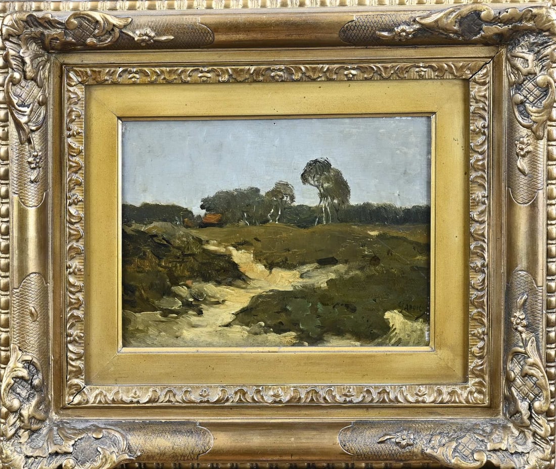 Unclear sign., Dutch dune landscape: Unclearly signed. Circa 1900. Dutch dune landscape. Oil on panel. Dimensions: H 15 x W 19.5 cm. In good condition.