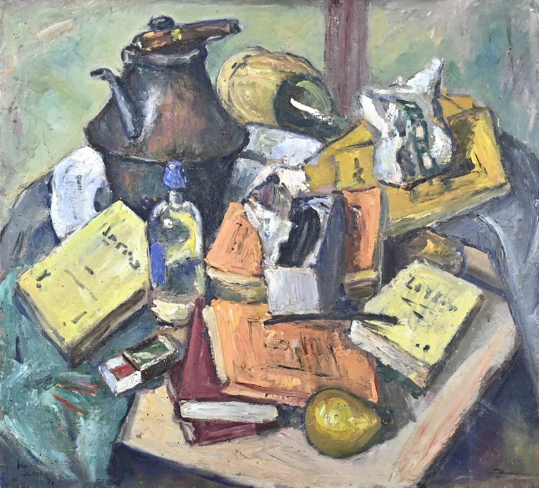 Han Bolte, Still life: Han Bolte 1937. 1906 - 1989. Still life with books etc. Oil on panel. Dimensions: H 62 W 66 cm. In good condition.
