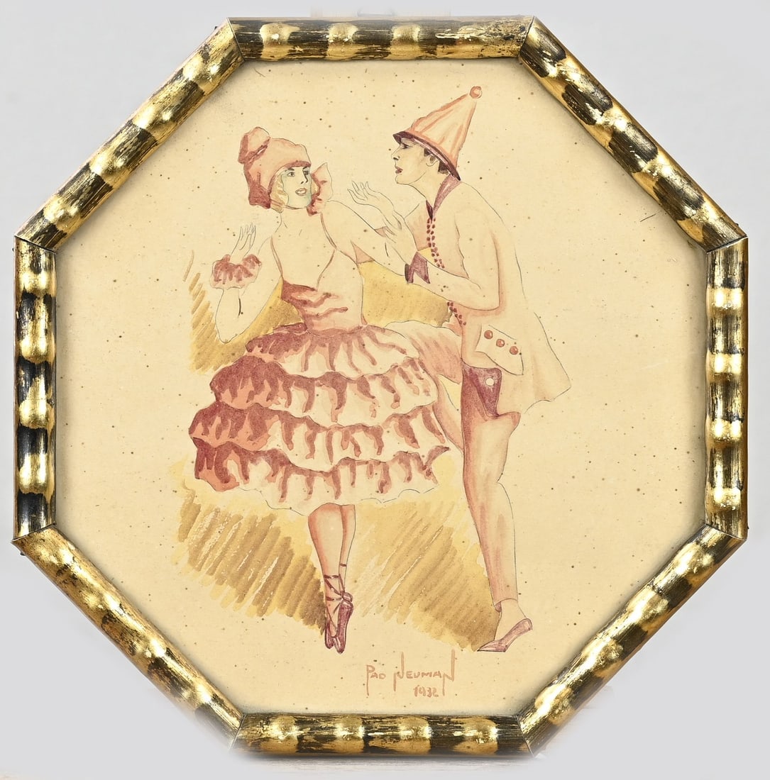 Pao Neuman, Pierrot with dancer: Pao Neuman, 1932. Pierrot with dancer. Watercolor on paper. Dimensions: H 21 x W 21 cm. In good condition.
