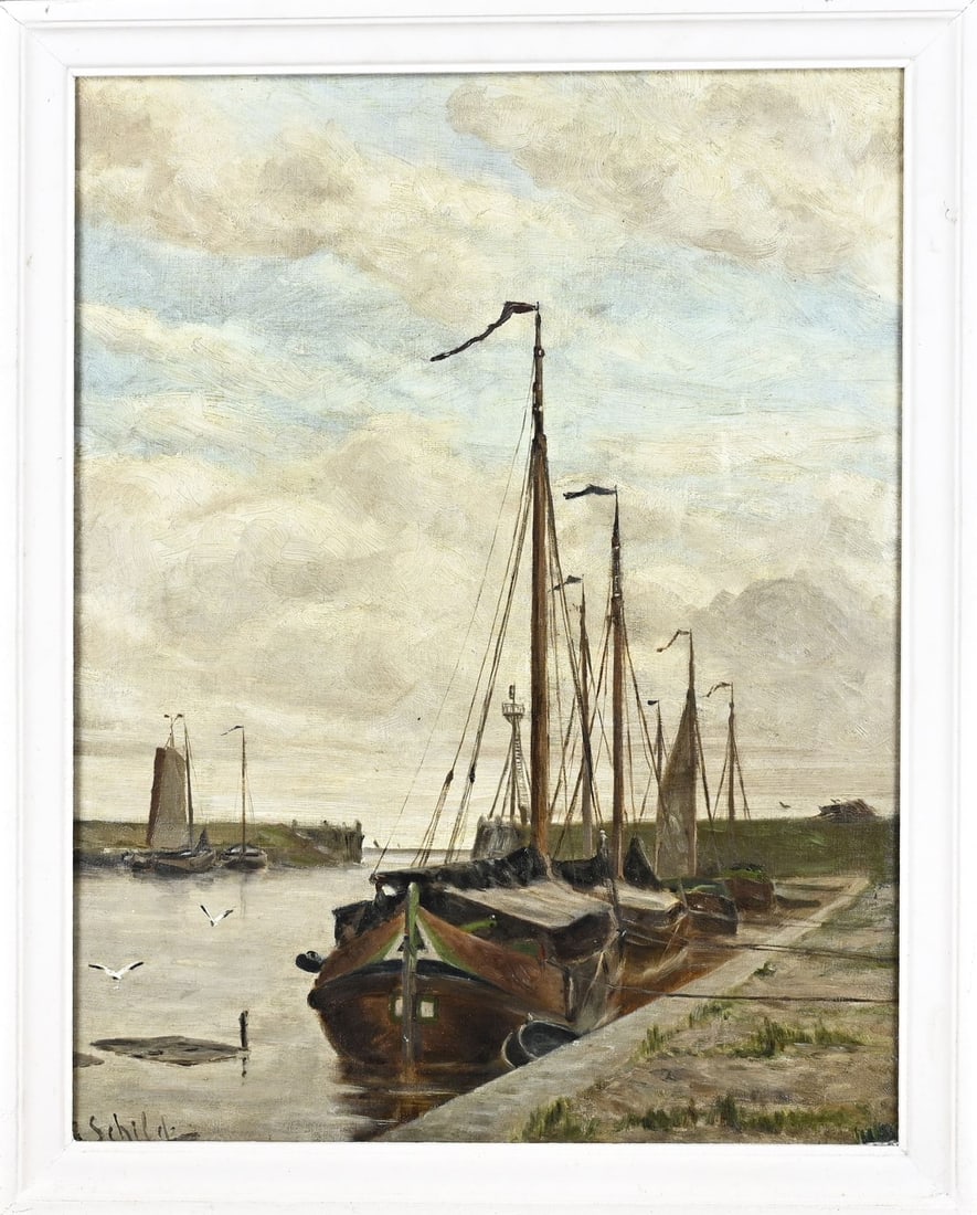 G. Schild, Harbour view (Volendam?): G. Schild. Circa 1920. Dutch School. Harbor view (Volendam?) Oil on canvas. Dimensions: H 70 x W 54 cm. In good condition.