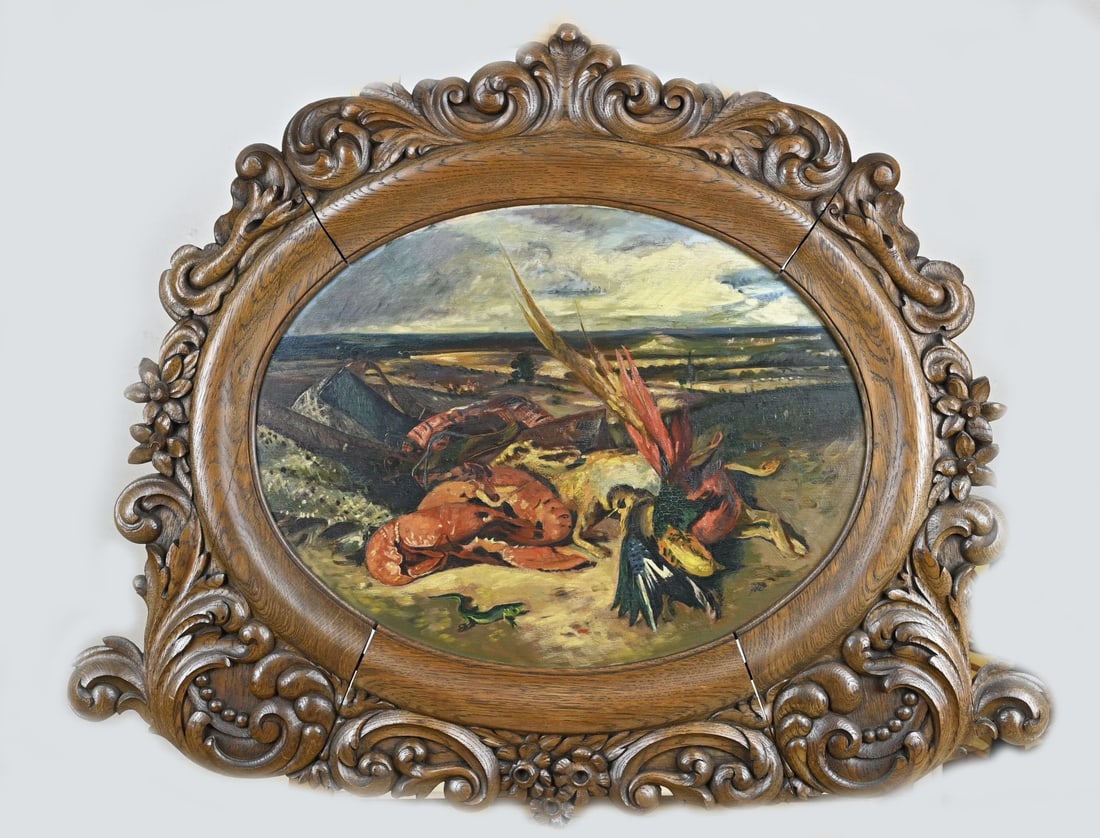 Unsigned, Landscape with hunting trophies: Unsigned. French School. Circa 1900. Landscape with hunting trophies. after Eugene Delacroix Oil on panel. Dimensions: H 67 x W 78 cm. In good condition.
