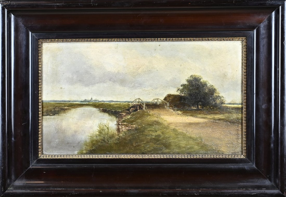 Unsigned, Landscape with wooden bridge: Unsigned. Circa 1900. Dutch School. Landscape with wooden bridge. Oil on panel. Dimensions: H 22 x W 39 cm. In good condition.
