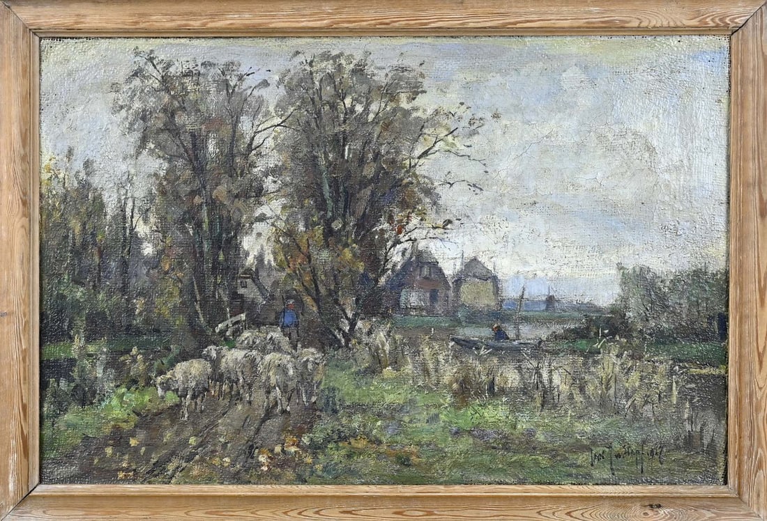 JJ van der Stap, Dutch landscape: JJ van der Stap. 1874 - 1940. Dutch landscape with sheep on sandy path. Oil on canvas. Dimensions: H 50 x W 70 cm. In good condition.