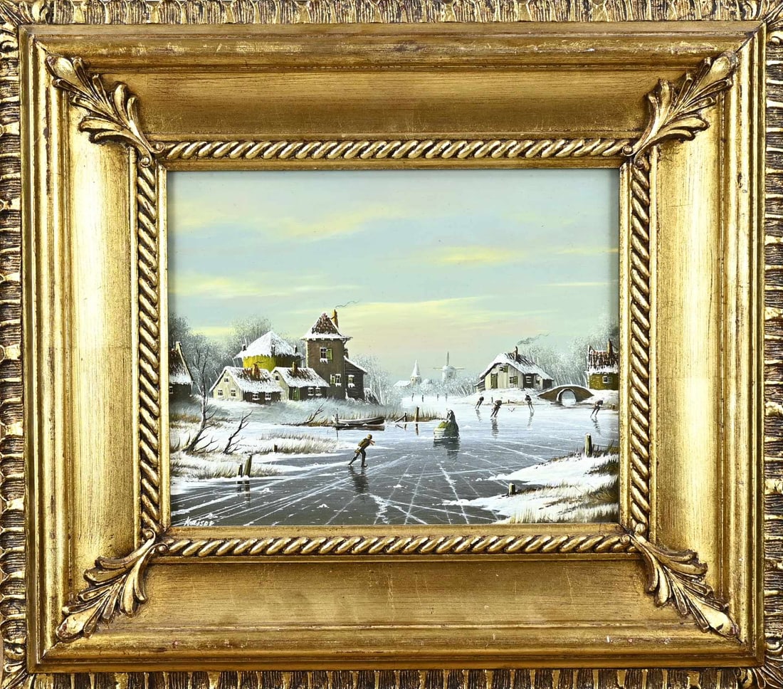 Kaiser, Winter view with ice fun: Kaiser. Second half of the 20th century. Winter scene with ice fun. Oil on panel. Dimensions: H 20 x W 25 cm. In good condition.