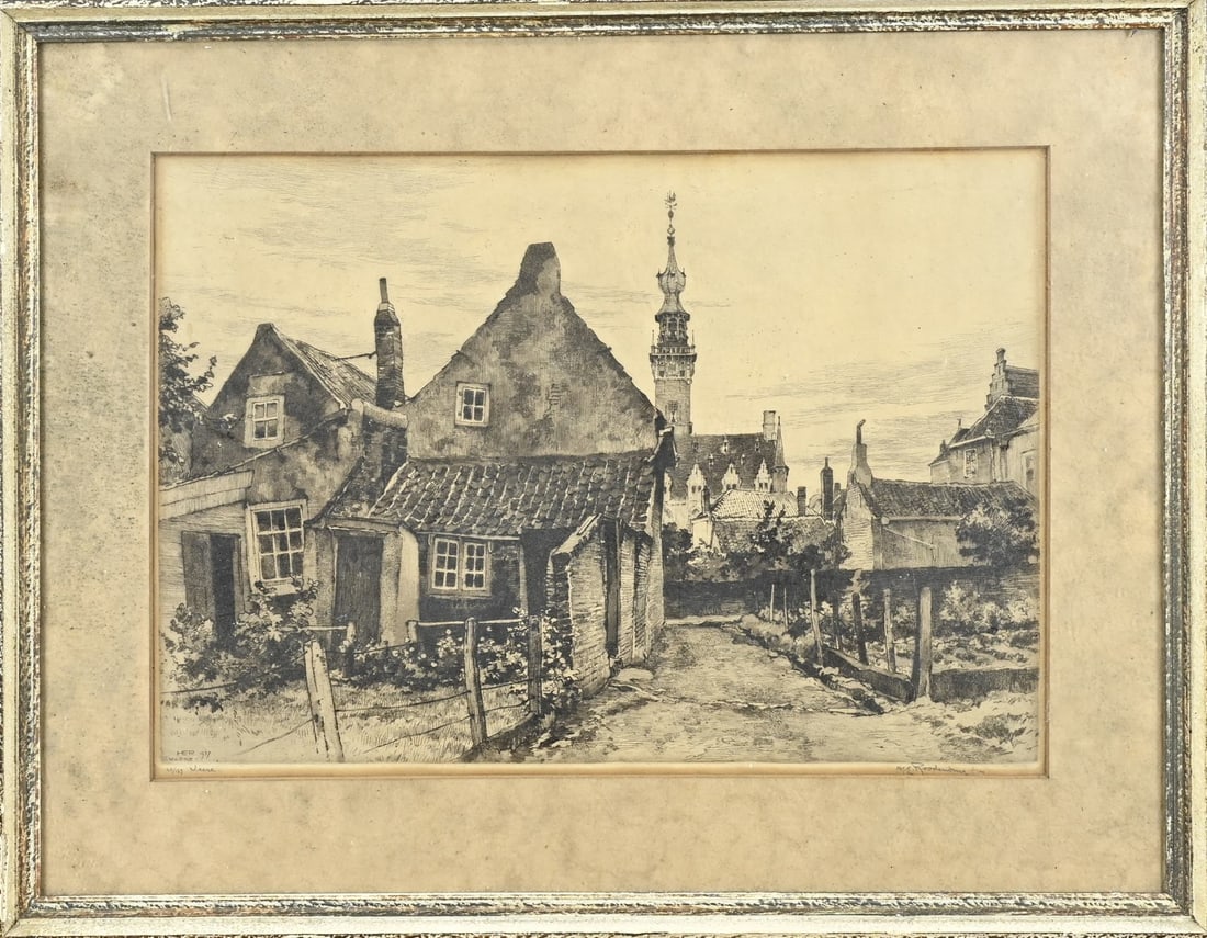 HE Roodenburg, Veere: HE Roodenburg. 1895 - 1987. Etching on paper. Village view Veere. Dimensions: H 28 x W 39 cm. In good condition.