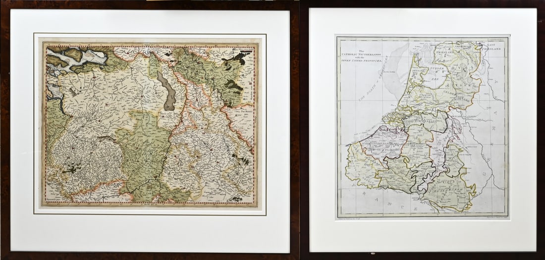 2x Antique map: Two antique maps. 1x Map of Brabant, hand colored, 18th century. 1x Map of The Catholic Netherlands with the seven united provinces by SJ Neele, No. 352, 18th century, hand colored. Size: 40 - 50 cm.