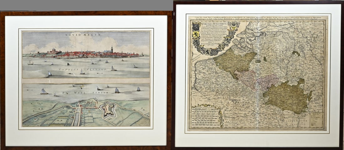 2x Antique map: 2x Antique map. 1x Novio Magun, De Waalstroom, 17th - 18th century, hand colored. 1x Circoulus Burgundicus 1747, rare, hand colored. Engravings on paper. In good condition.