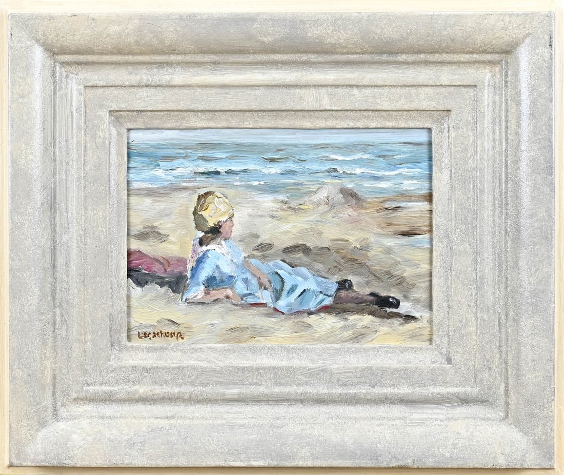Cor Schaap, Woman lying on the beach: Cor Schaap. 1968 - . Reclining woman on beach. Oil on panel. Dimensions: H 13 x W 17.5 cm. In good condition.