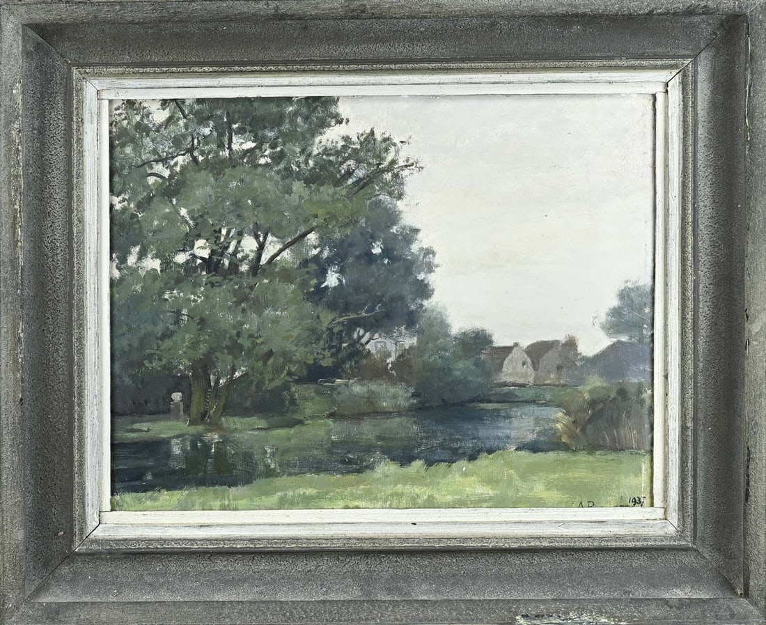 A. Potgieter, River view with farm: A. Potgieter. 1899 - 1982. Dutch river view with farm. Oil on canvas. Dimensions: H 40 x W 50 cm. In good condition.