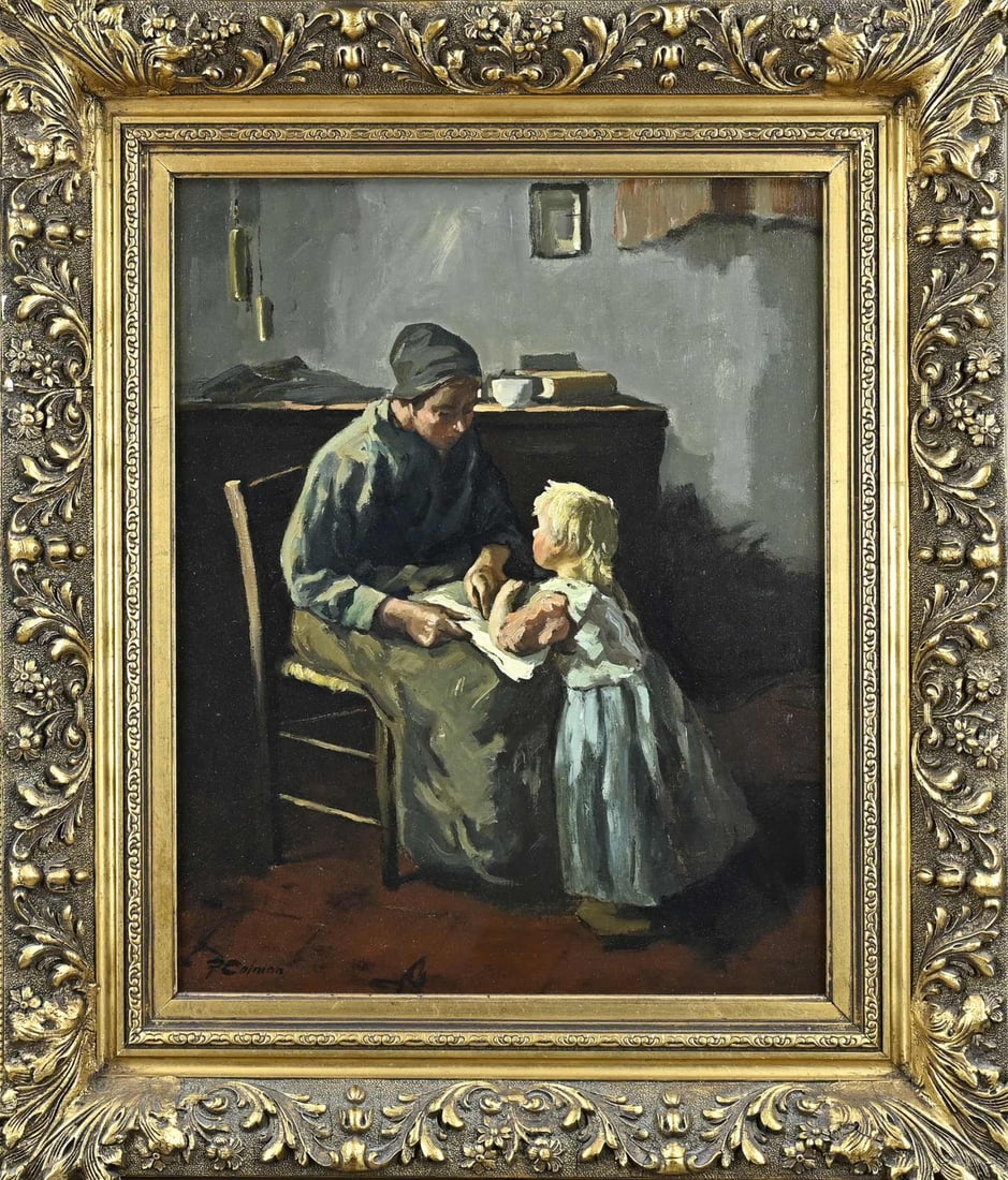 P. Colman, Farm interior with mother and child: P. Colman. 20th Century. Farm interior with mother and child. Oil on canvas. Dimensions: H 50 x W 40 cm. In good condition.