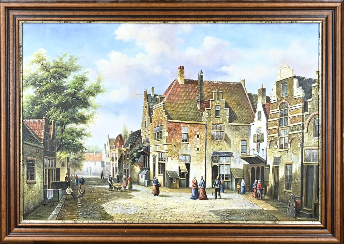 J. Morris, Dutch village view with figures: J. Morris. Second half 20th century. Dutch village view with figures. Oil on canvas. Dimensions: H 60 x W 90 cm. In good condition.