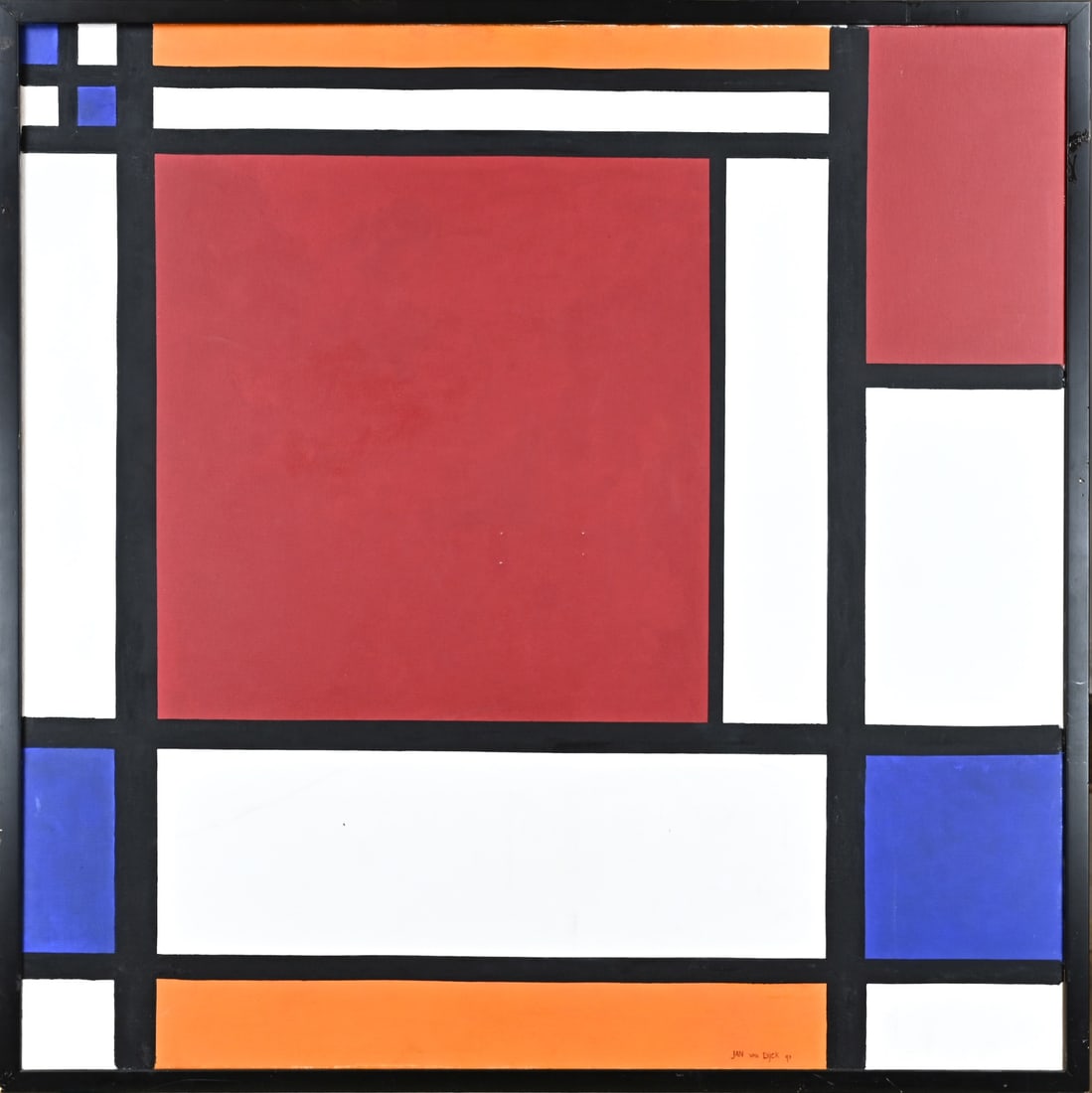 Jan van Dijck, Mondrian style: Jan van Dijck, 1993. Mondrian style painting. Acrylic on linen. Dimensions: H 90 x W 90 cm. In good condition.