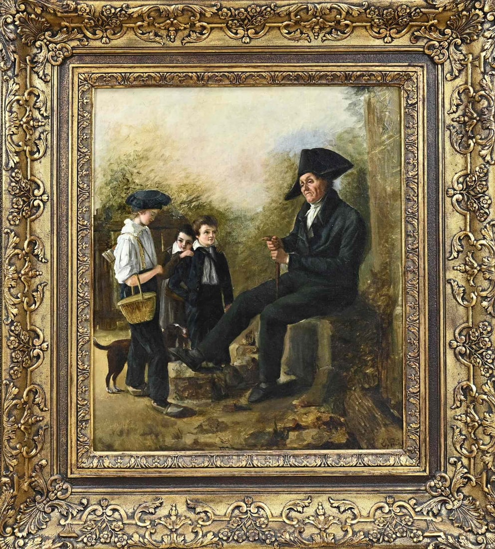 L. Pauwel, Man speaks to children: L. Pauwel. 19th Century. Man Addressing Children. Oil on canvas. Dimensions: H 60 x W 47 cm. In good condition.