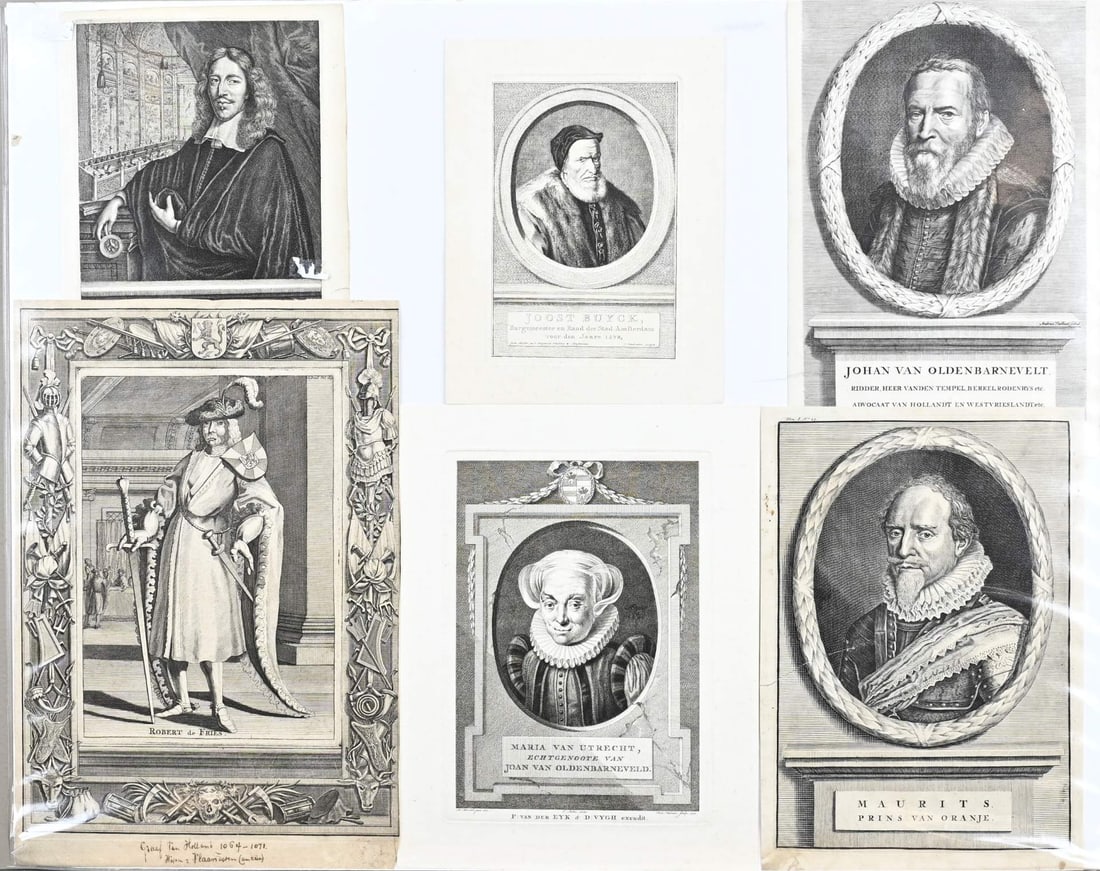 6x Engraving, Dutch nobility: Lot with six antique engravings. Dutch nobility/princes. 18th - 19th century. (1). Johan van Olden Barnevelt, by Andries Vaillant sculpt. (2). Maria van Utrecht, wife of Johan van Olde Barnevelt.