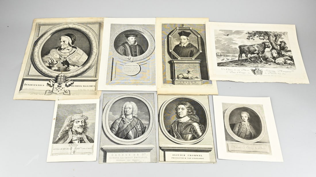 8x Antique engraving: Lot with eight various antique engravings. 17th - 18th - 19th Century. (1). 18th Century after Paulus Potter. (2). George the II. (3). Madam La Comtesse du Barry. (4). Olivier Cromwel. (5). Nicolas