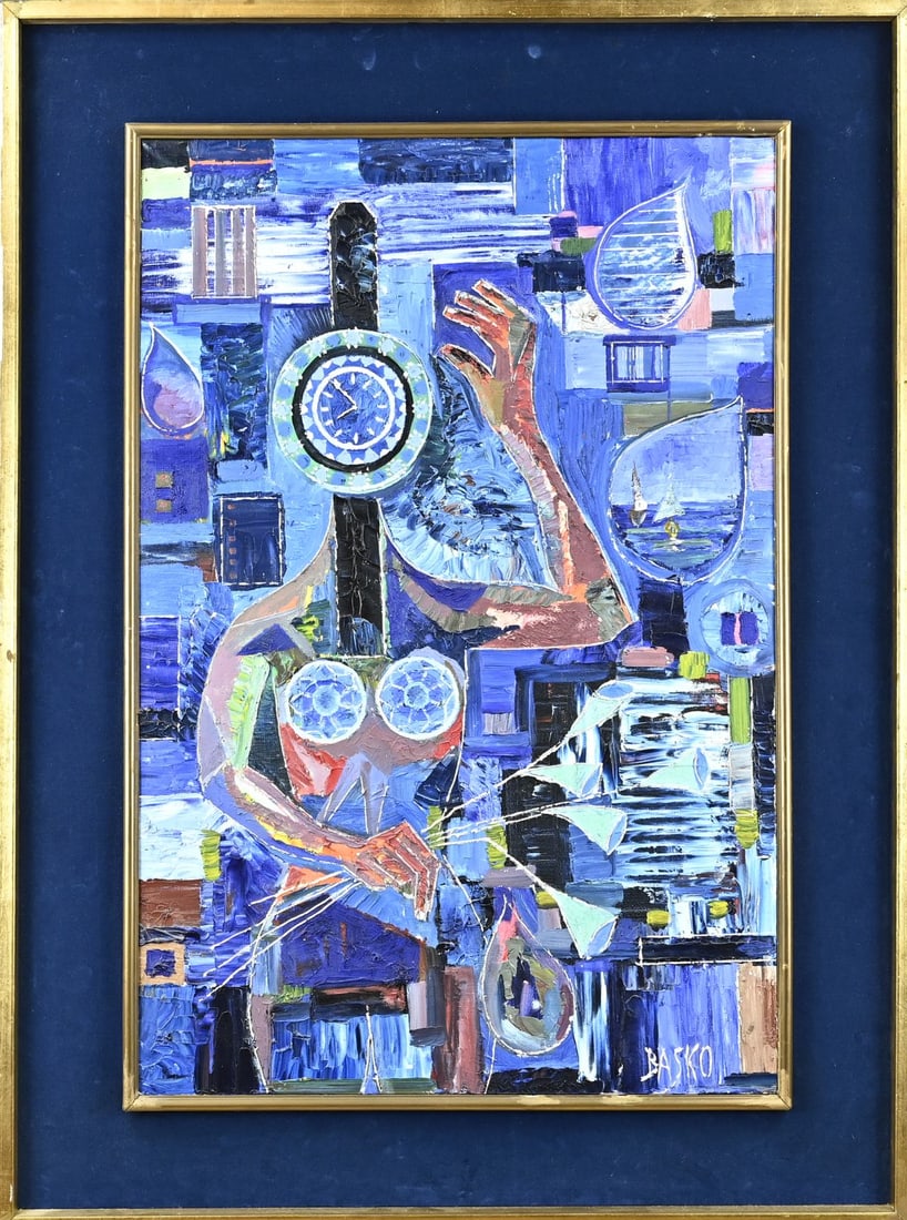 Maurice Basko, Figurative abstract representation: Maurice Basko. 1921 - . French School. Figurative with abstract representation. Oil on canvas. Dimensions: H 81 x W 54 cm. In good condition.