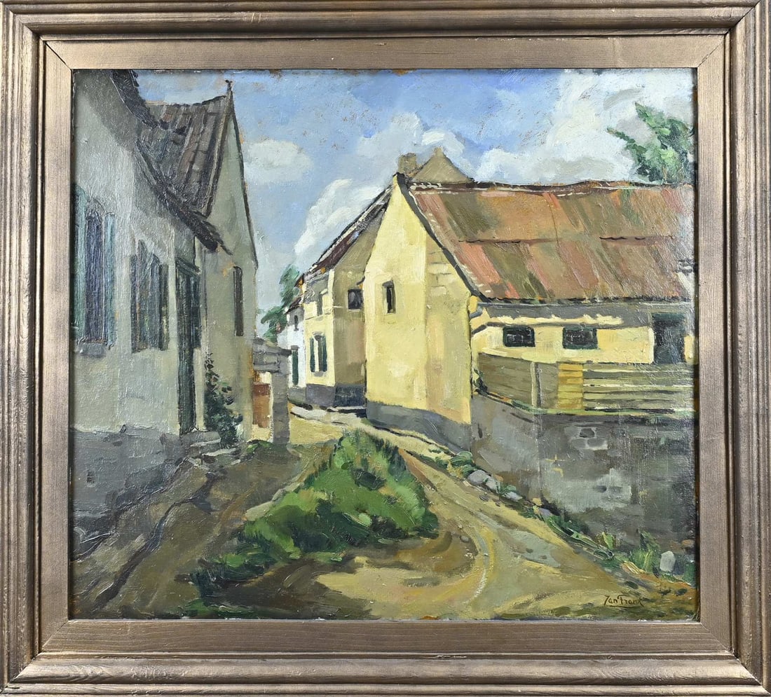 Jan Frank, Village view: Jan Frank. Circa 1920. Belgian School. Village view. Oil on panel. Dimensions: H 55 x W 65 cm. In good condition.